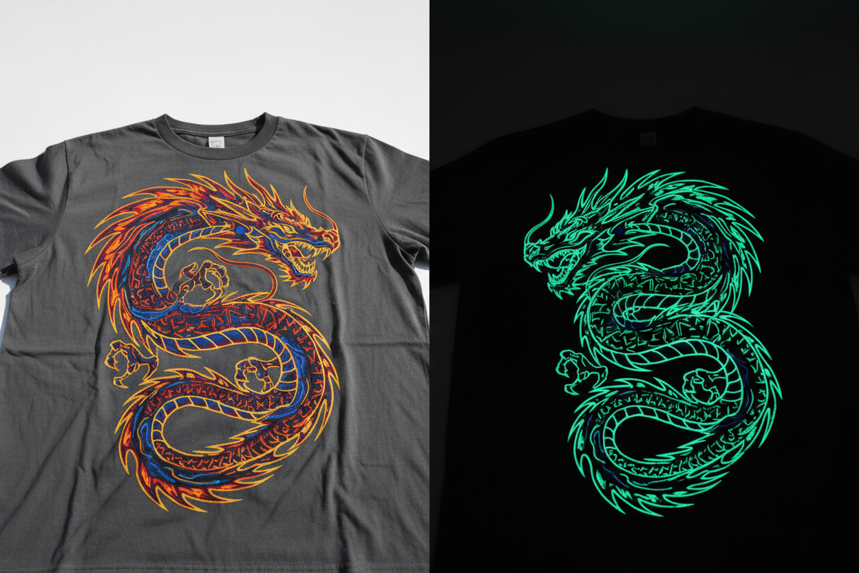 Bright by Day, Glowing by Night
Glow In The Dark DTF prints appear as regular designs during the day but emit a mesmerizing glow when darkness falls. This effect is made possible through high-quality phosphorescent pigments integrated into the DTF (Direct To Film) transfer process. The result is stunning, dual-personality artwork that draws attention under any lighting conditions. Thanks to advanced ink and film technology, your designs maintain both their brightness and clarity — ensuring sharp lines,