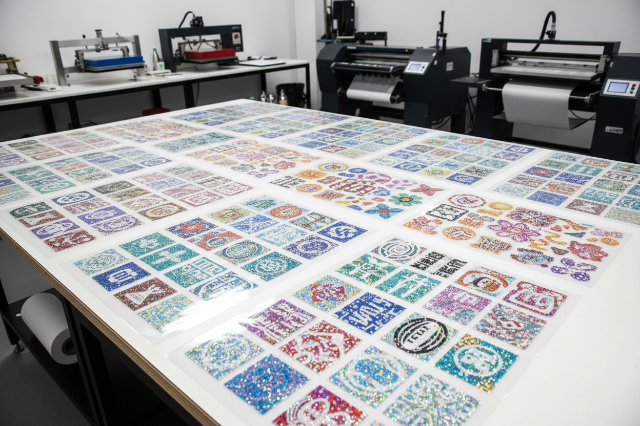 "Glitter DTF Gang Sheets" ne olduğunu anlatan birbirinden farklı canlı görseller üret.