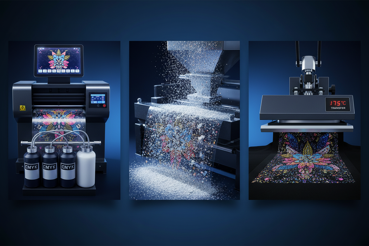 "Glitter DTF Transfer - Gang Sheet Builder" ne olduğunu anlatan birbirinden farklı canlı görseller üret. Nasıl yapıldığını görsel olarak anlat.