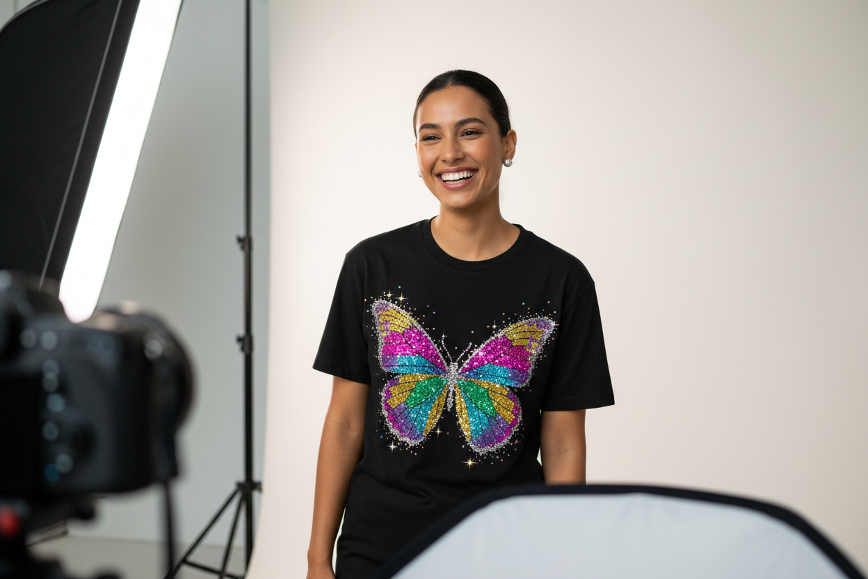 "Glitter DTF Transfers By Size" ne olduğunu anlatan birbirinden farklı canlı görseller üret. T-shirt üzerinde gösterebilirsin.