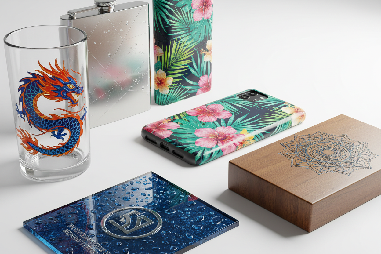 What Makes UV DTF Printing Special?
UV DTF (Direct To Film using UV-curable ink) is a breakthrough printing technology that produces vivid, high-definition images with a glossy, tactile finish. Unlike traditional DTF or vinyl printing, UV DTF doesn’t require heat pressing on fabrics. Instead, it uses a transfer film and adhesive layer to apply the design directly onto flat or curved surfaces like glass, metal, plastic, acrylic, and wood. The result is a professional, embossed look with vibrant colors and a