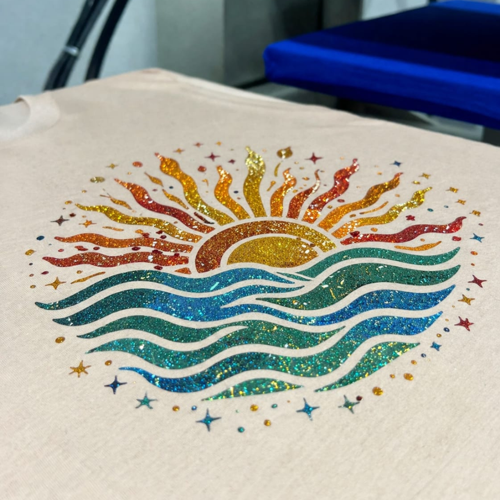 Glitter DTF Transfers by Size for Custom Apparel and Logo Prints