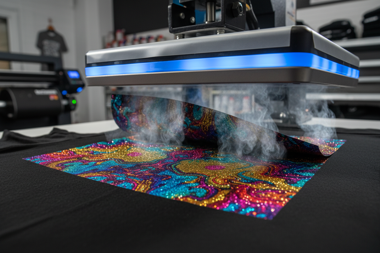 "Glitter DTF Gang Sheets" ne olduğunu anlatan birbirinden farklı canlı görseller üret.