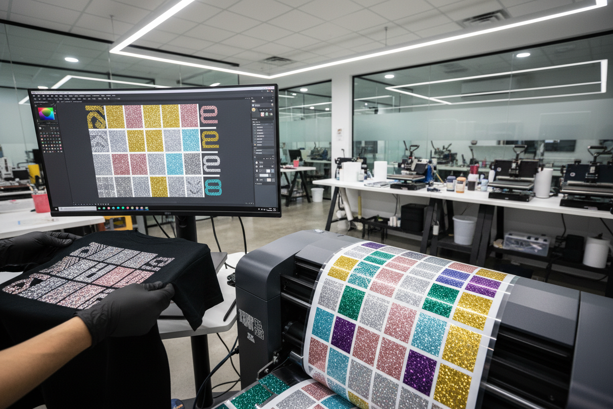 "Glitter DTF Transfer - Gang Sheet Builder" ne olduğunu anlatan birbirinden farklı canlı görseller üret.