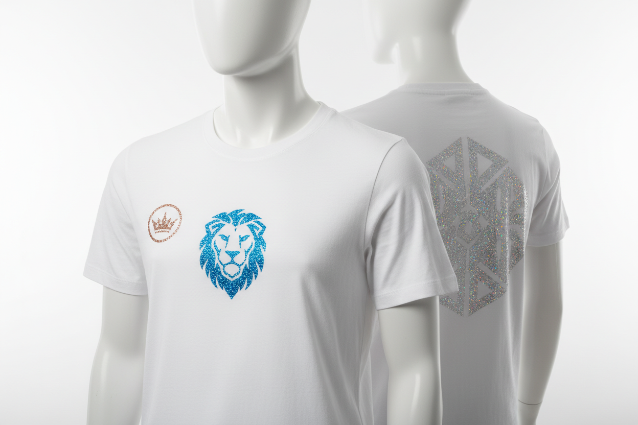 "Glitter DTF Transfers By Size" ne olduğunu anlatan birbirinden farklı canlı görseller üret. T-shirt üzerinde gösterebilirsin.