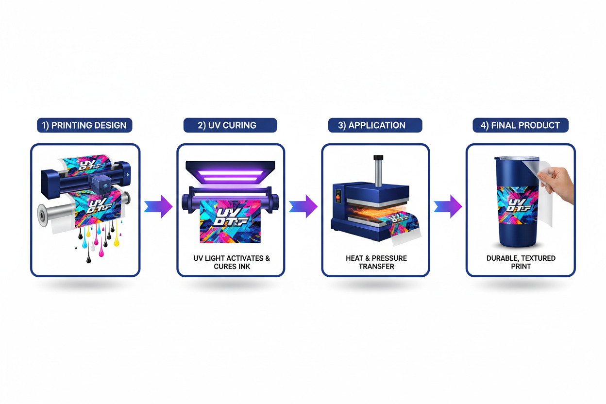 How UV DTF Printing Works
The UV DTF printing process involves printing designs directly onto a specialized film using UV-curable inks. Once printed, the ink is cured using ultraviolet light, producing a durable and vibrant print. The transfer is then applied to the desired surface using heat and pressure, creating a strong and long-lasting bond.

Having transfers available by size allows users to match the design precisely to the product. This method minimizes waste, improves workflow efficiency, and ensur