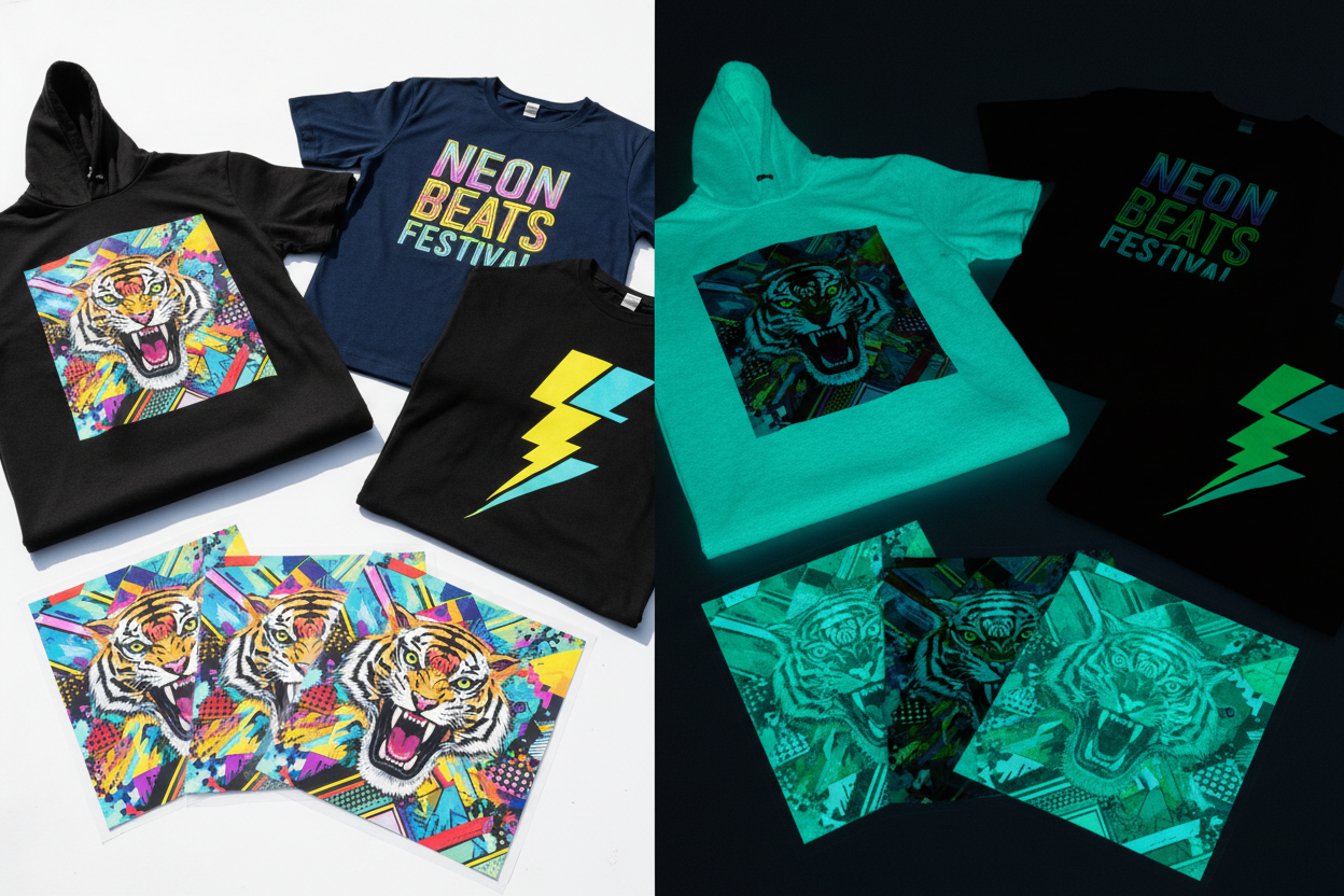 Imagine a design that truly comes to life when the lights go out. Glow In The Dark DTF Gang Sheets combine vibrant color printing with luminous pigment technology to create prints that shine brilliantly in the dark. Ideal for those who want to stand out — from event apparel and performance outfits to streetwear brands and creative projects — this product redefines the limits of textile printing. Whether you’re a designer, brand owner, or print shop professional, these sheets let your creativity shine day an